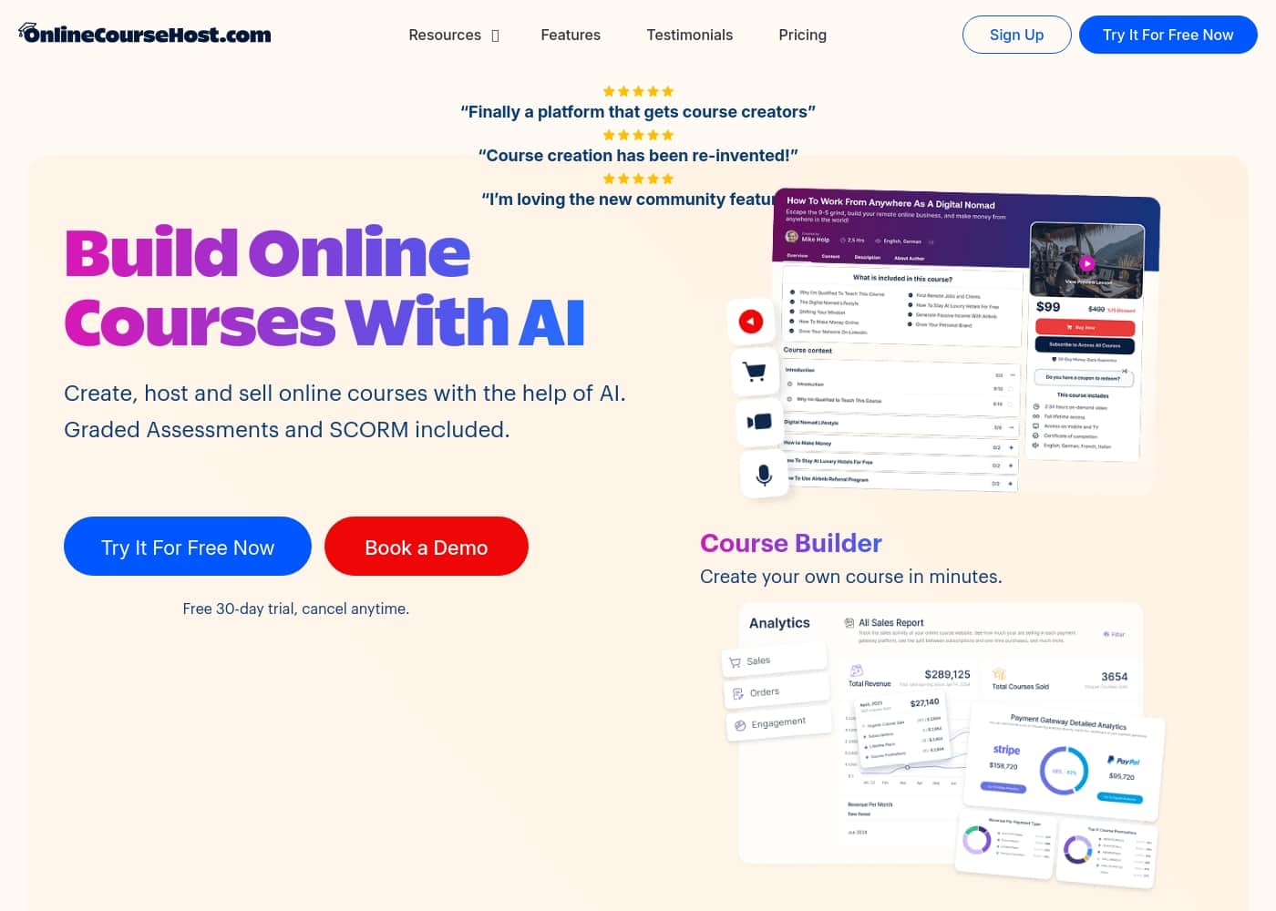 OnlineCourseHost homepage screenshot
