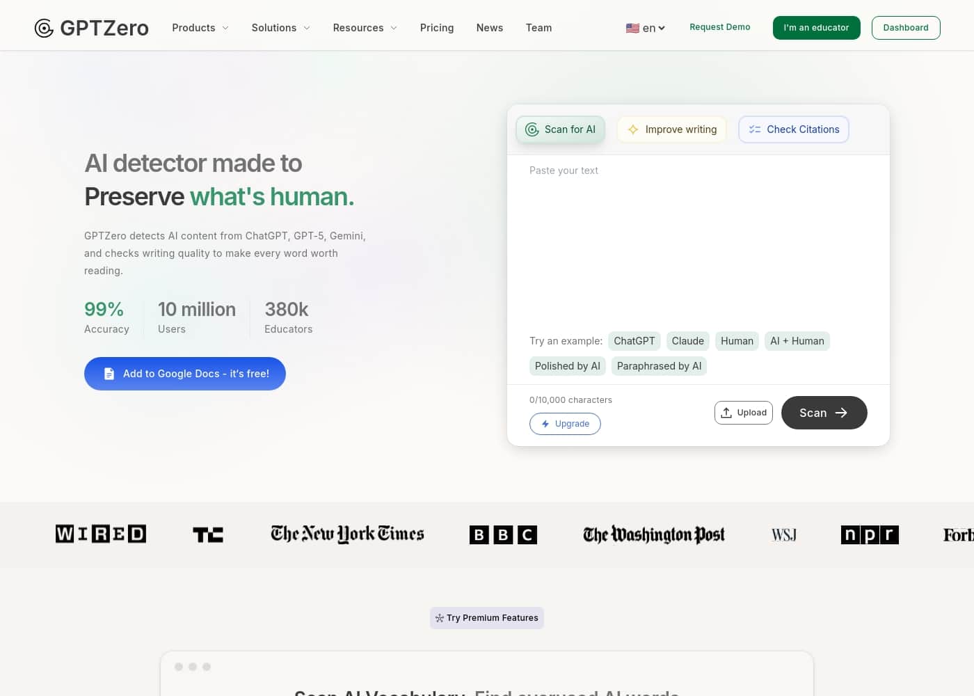 GPTZero homepage screenshot