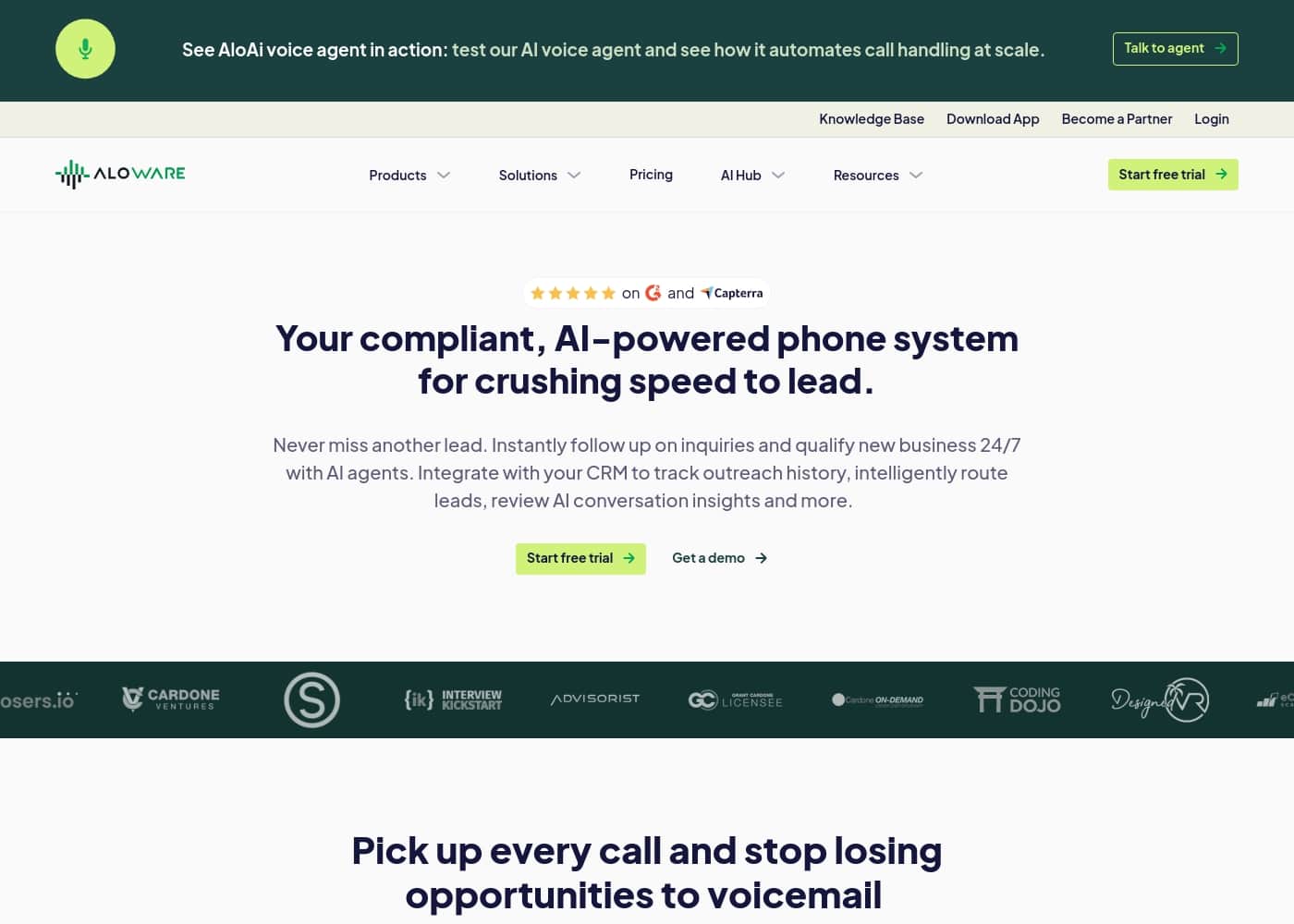 Aloware homepage screenshot