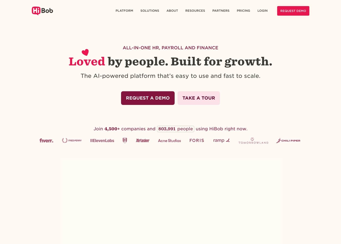 HiBob homepage screenshot
