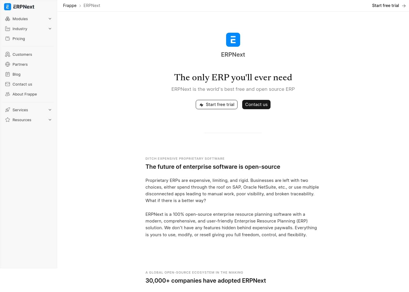 ERPNext homepage screenshot