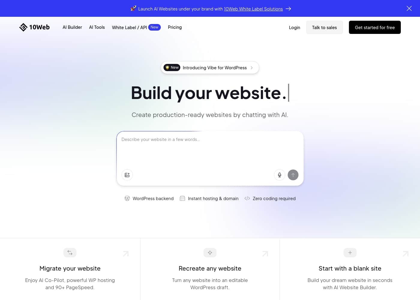 10Web homepage screenshot
