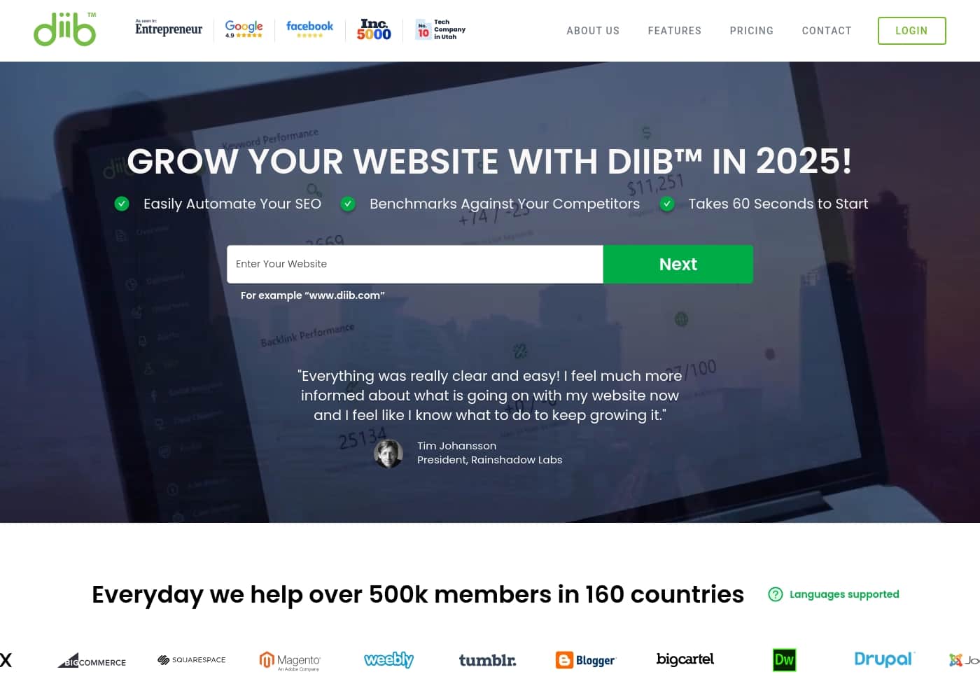 Diib homepage screenshot