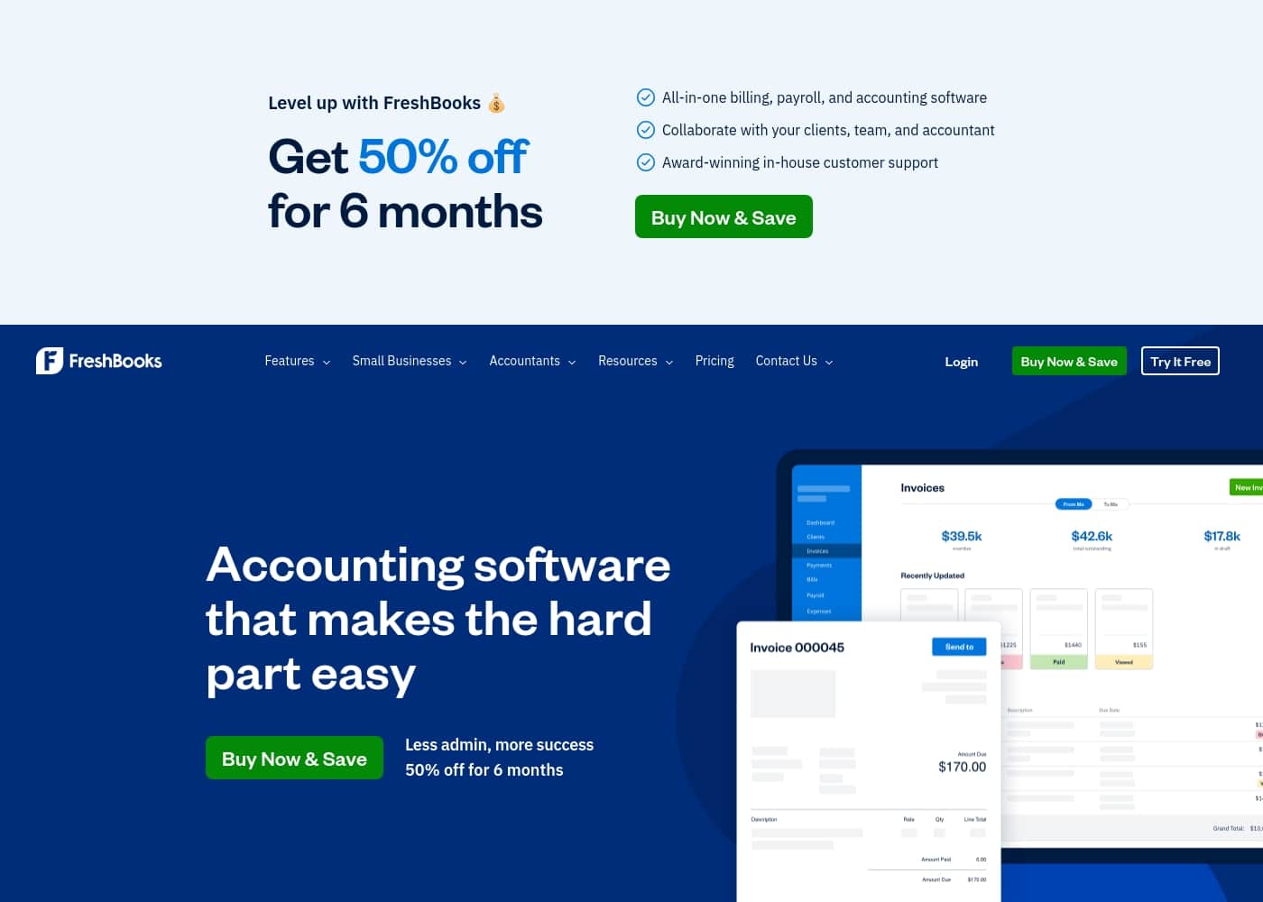 Freshbooks homepage screenshot