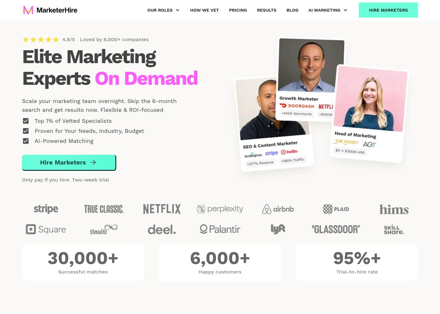 MarketerHire homepage screenshot