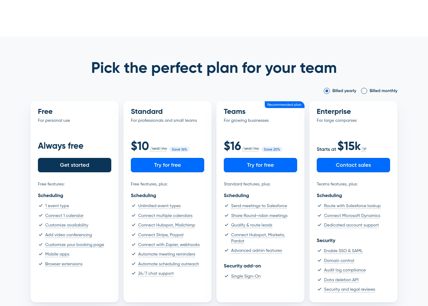 Calendly pricing screenshot