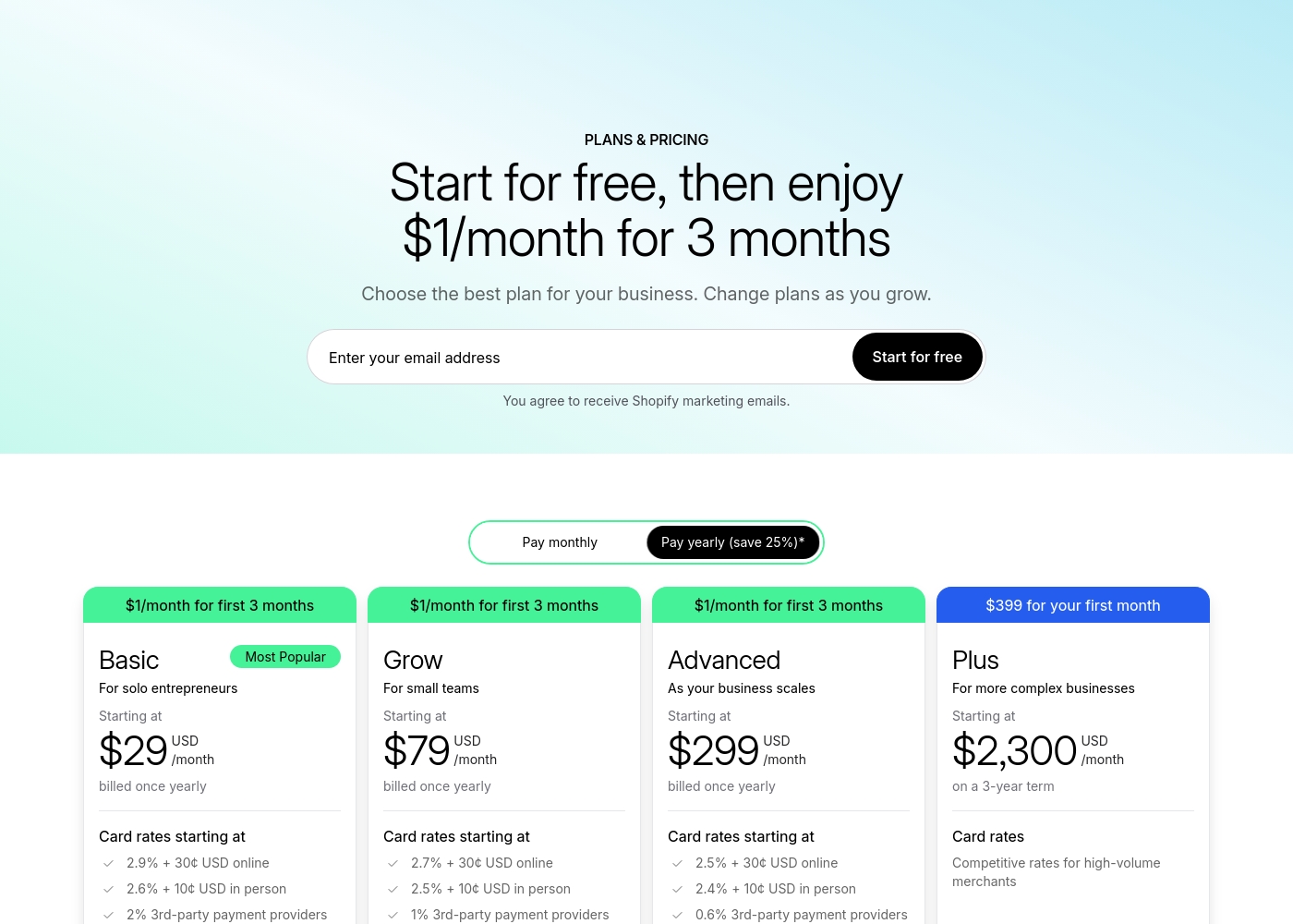 Shopify pricing screenshot