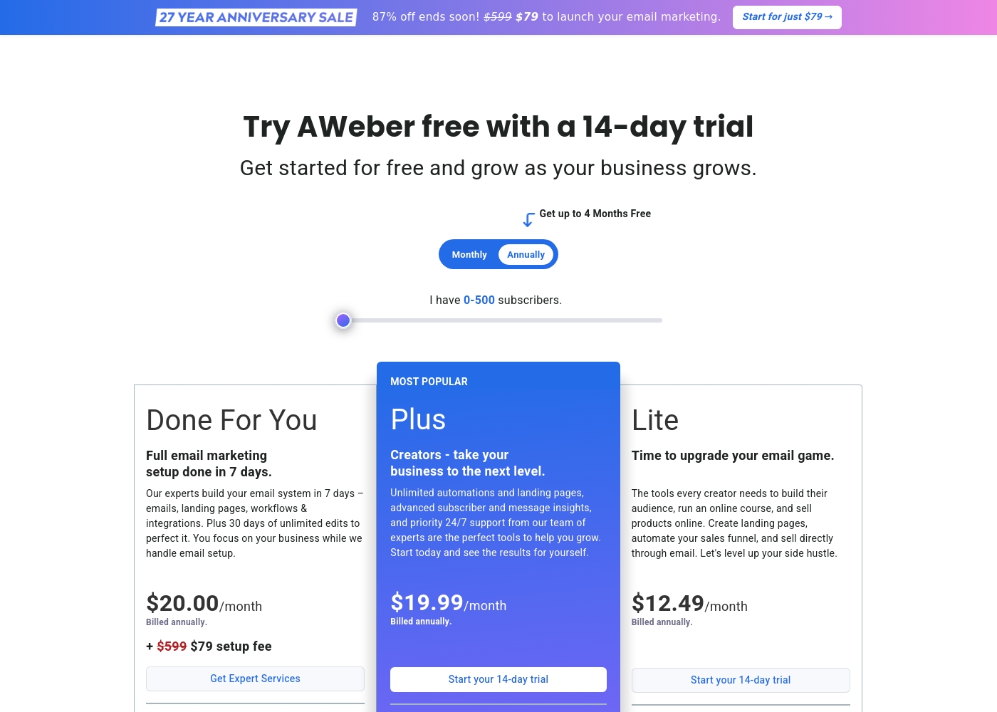 Aweber pricing screenshot
