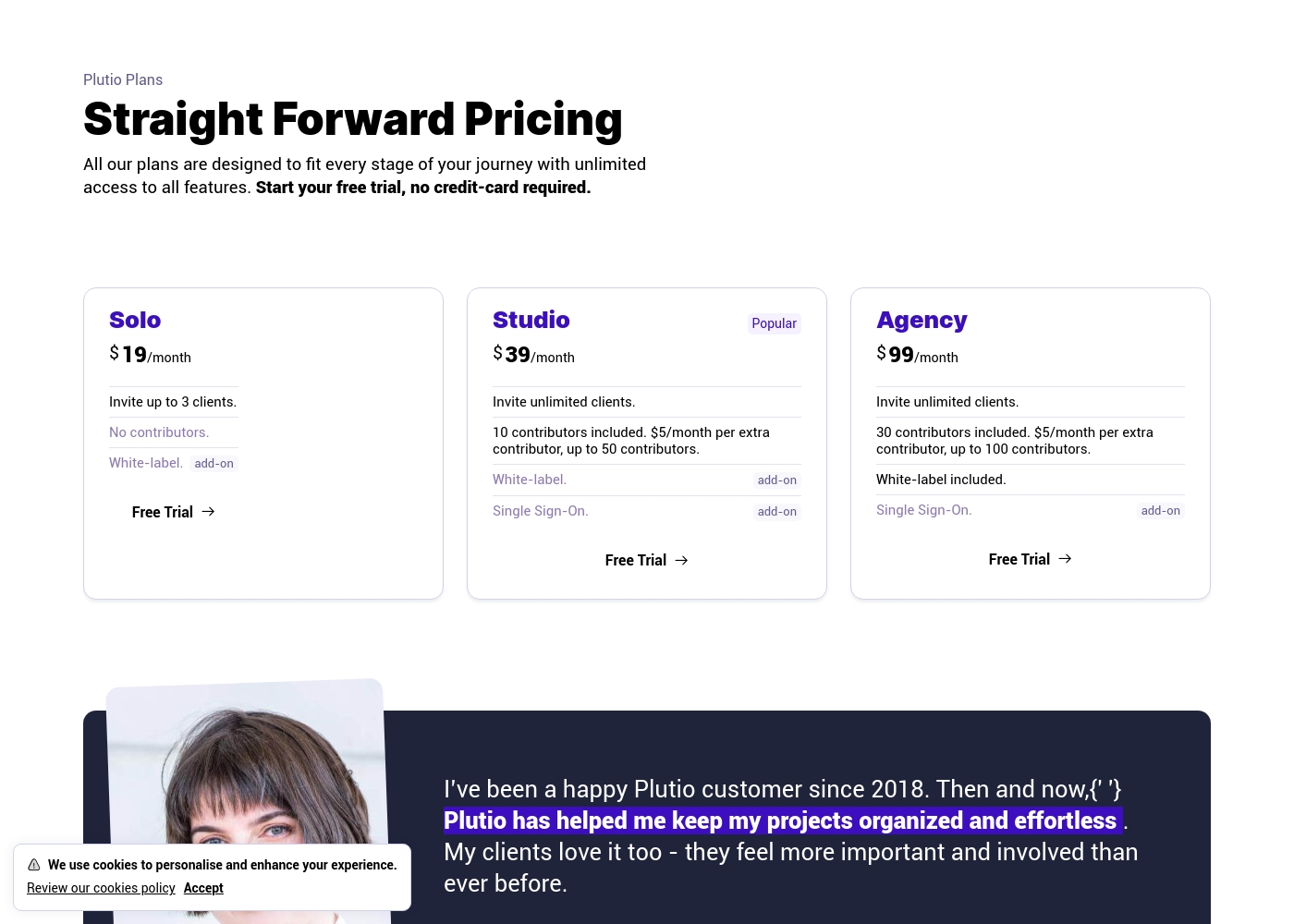 Plutio pricing screenshot