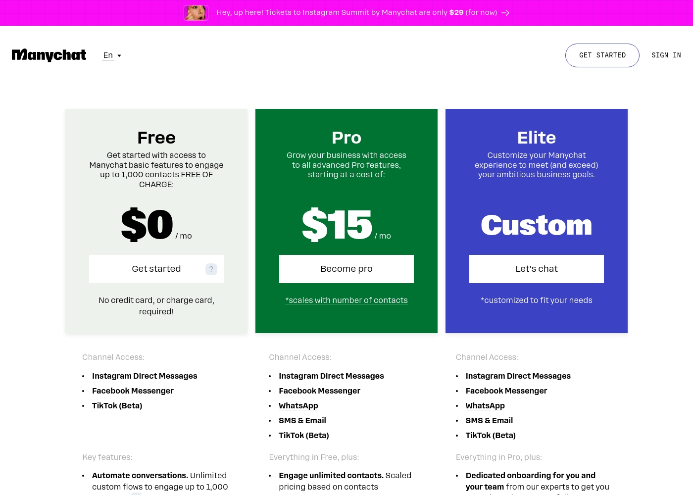 Manychat pricing screenshot