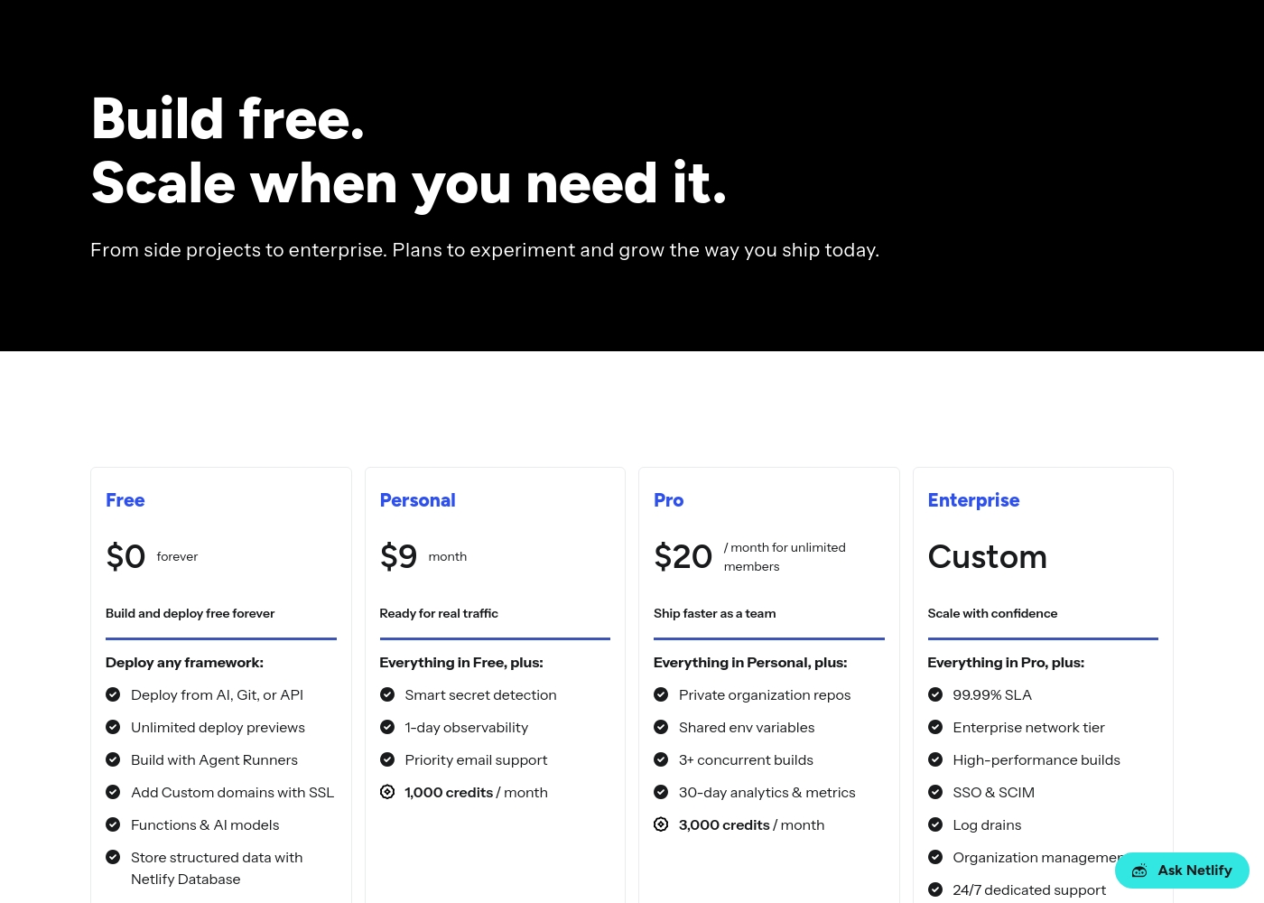 Netlify pricing screenshot