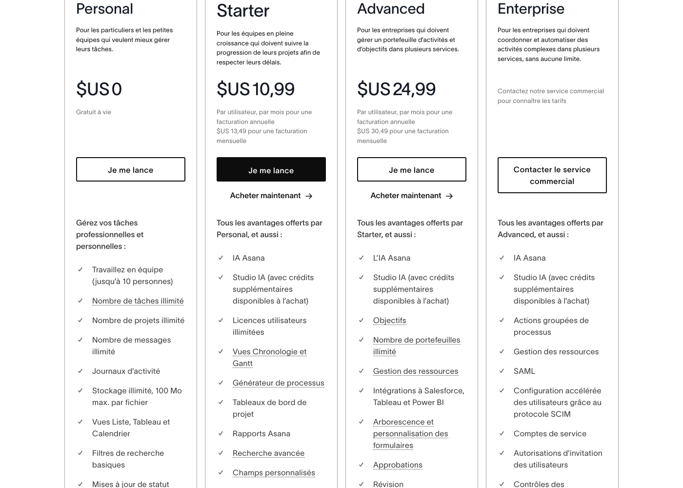 Asana pricing screenshot