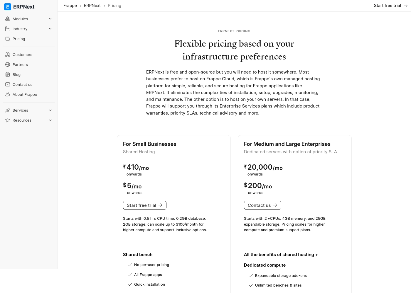 ERPNext pricing screenshot