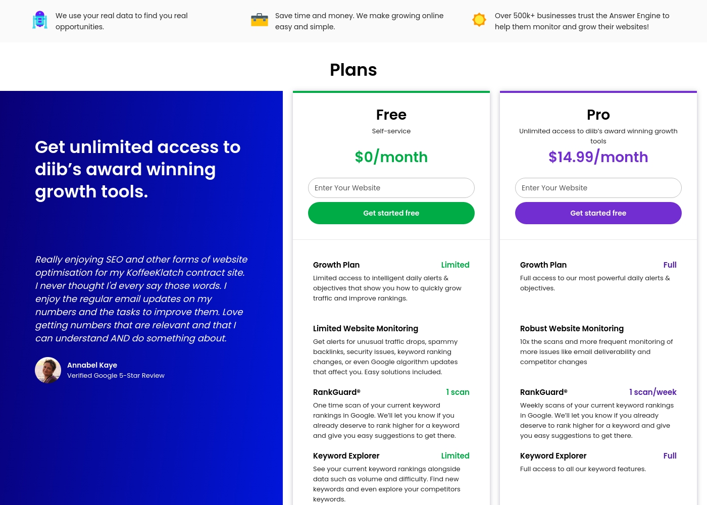 Diib pricing screenshot