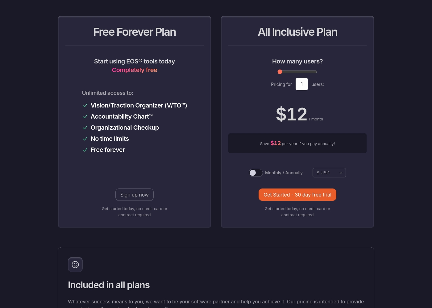 Success.co pricing screenshot