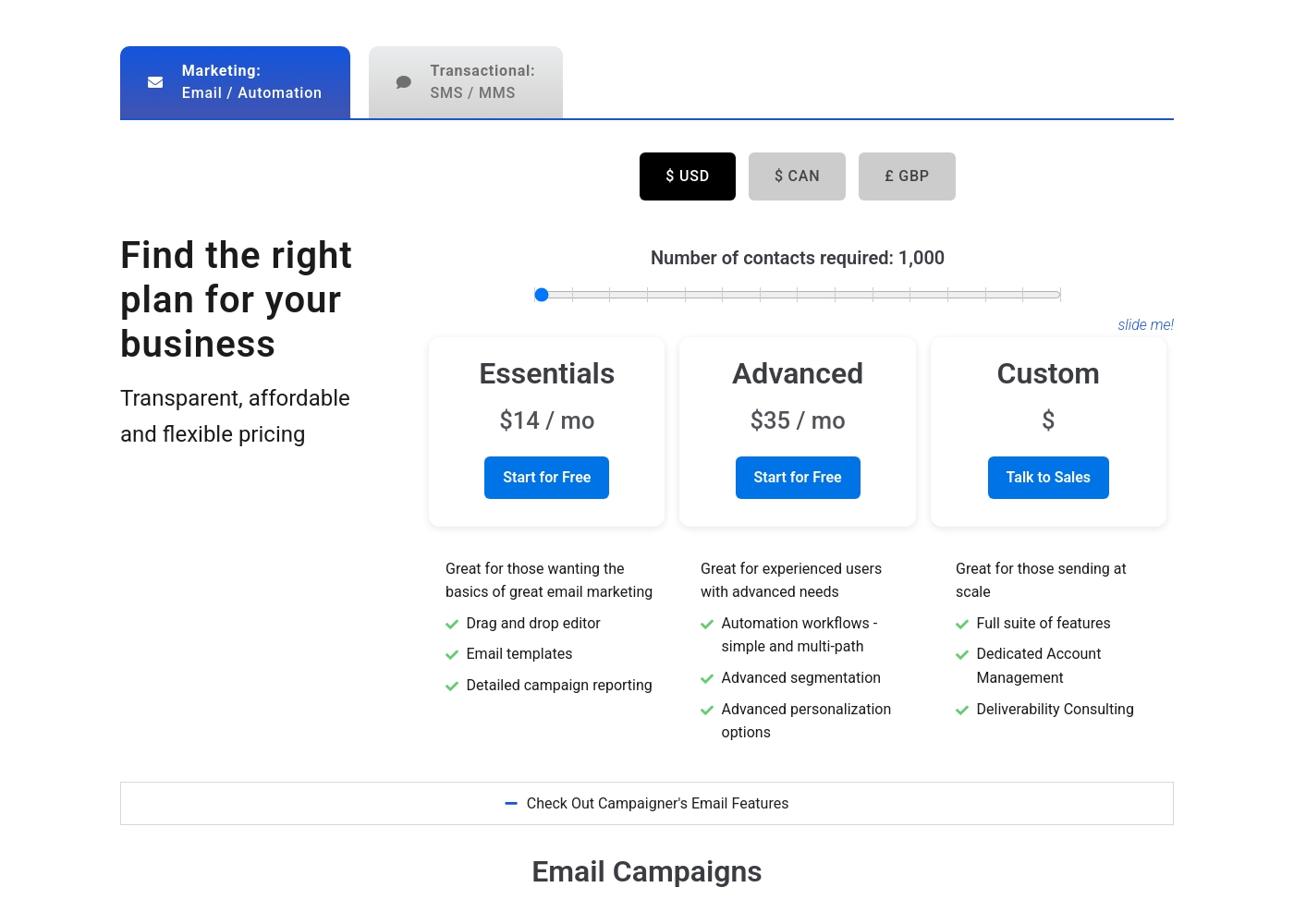 Campaigner pricing screenshot