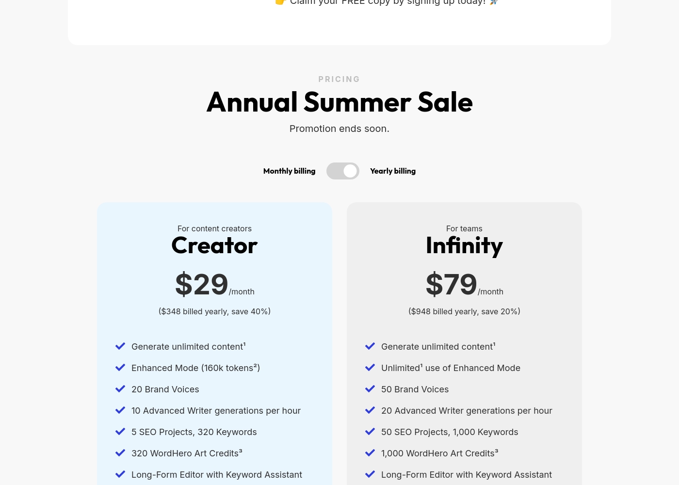 WordHero pricing screenshot