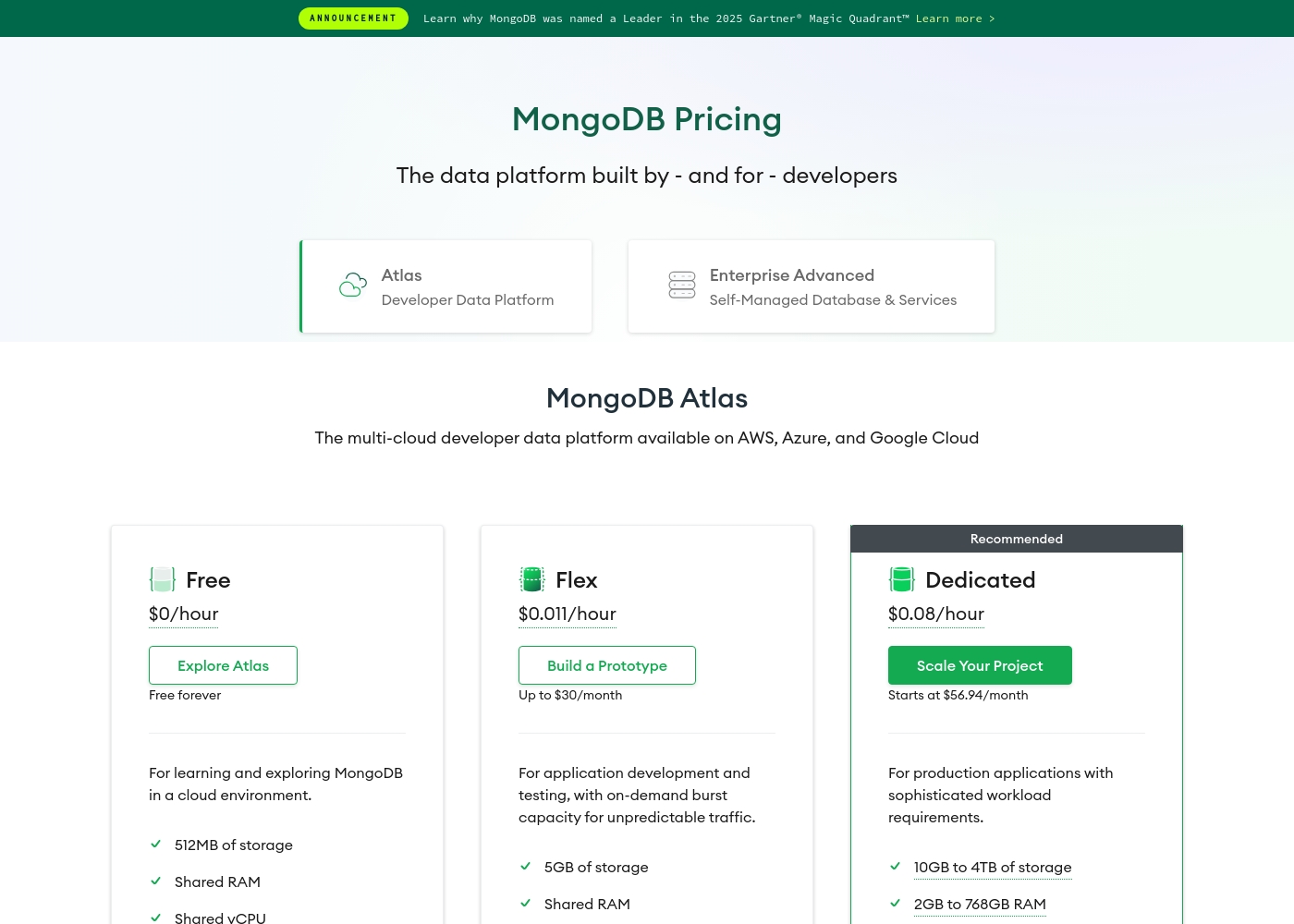 MongoDB pricing screenshot