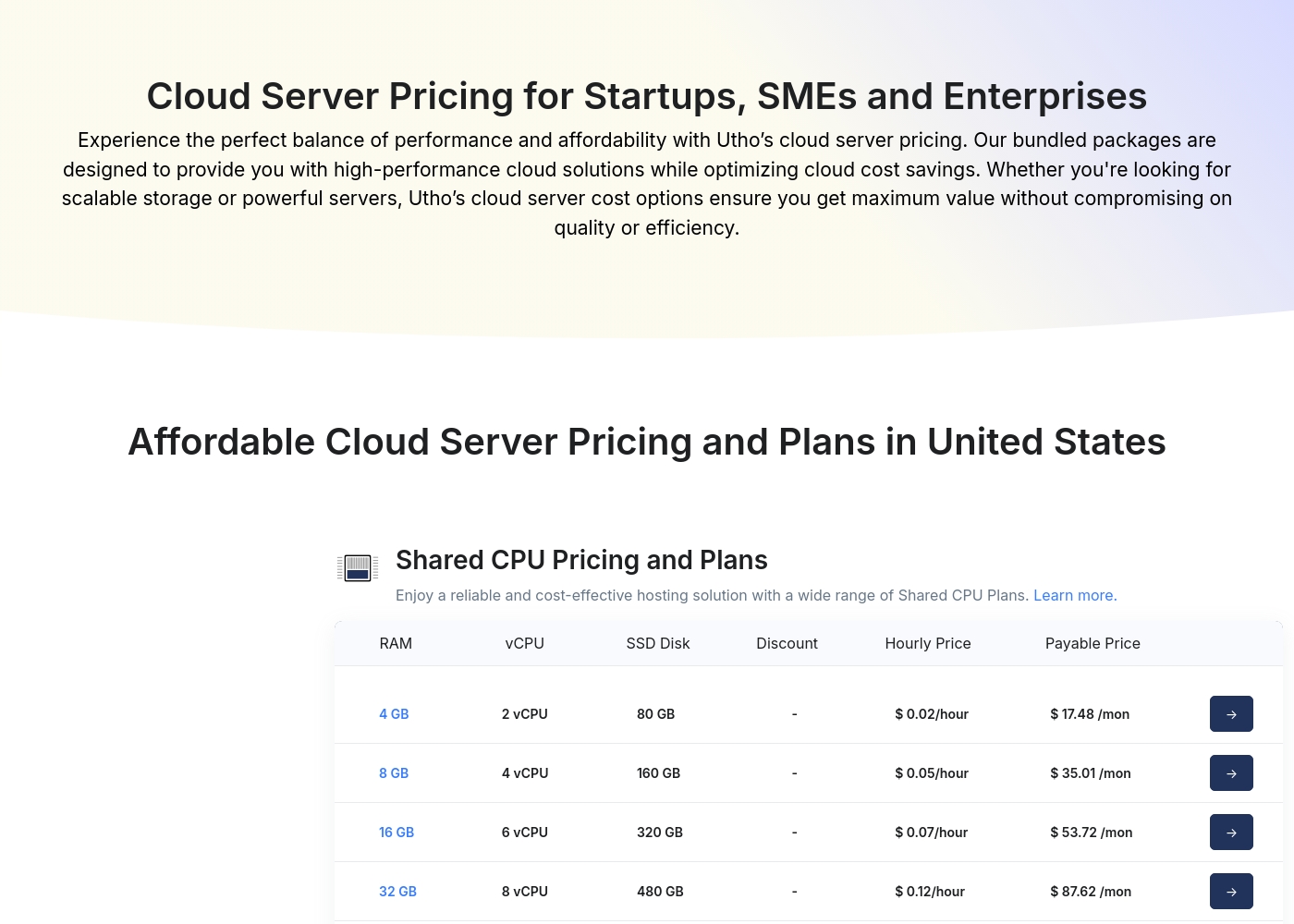 Utho pricing screenshot